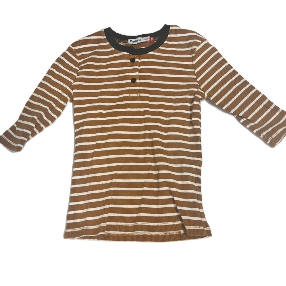 Kidichic girls sz 6 ribbed 2 button striped brown white black trim tee shirt